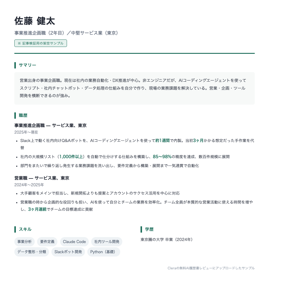 Cleraの無料AI履歴書レビューに実際にアップロードしたサンプル職務経歴書